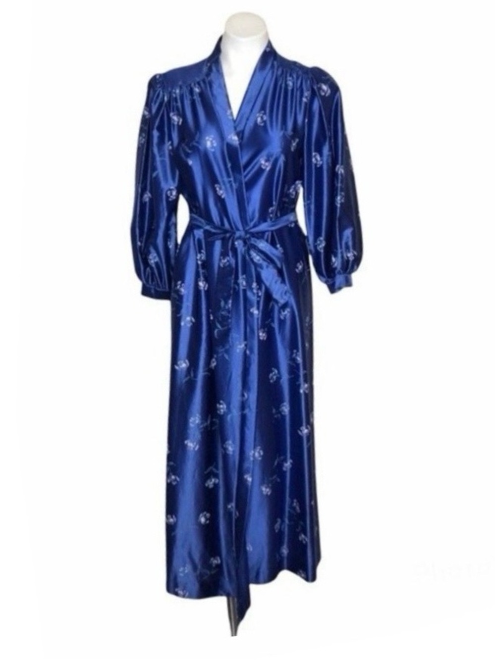 LORRAINE Blue Robe Hollywood Glam Floral Belted Vintage Retro VINTAGE